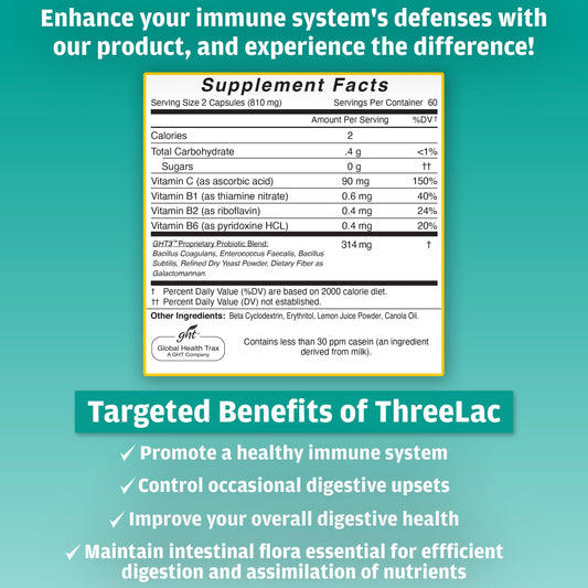 GHT ThreeLac probiotic bottle label close-up highlighting non-GMO formulation