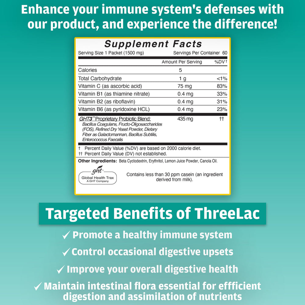 ThreeLac lemon probiotic powder dissolving into water for easy use.