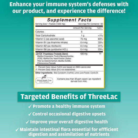 ThreeLac lemon probiotic powder dissolving into water for easy use.