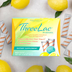 ThreeLac lemon probiotic packaging displayed on a store shelf.