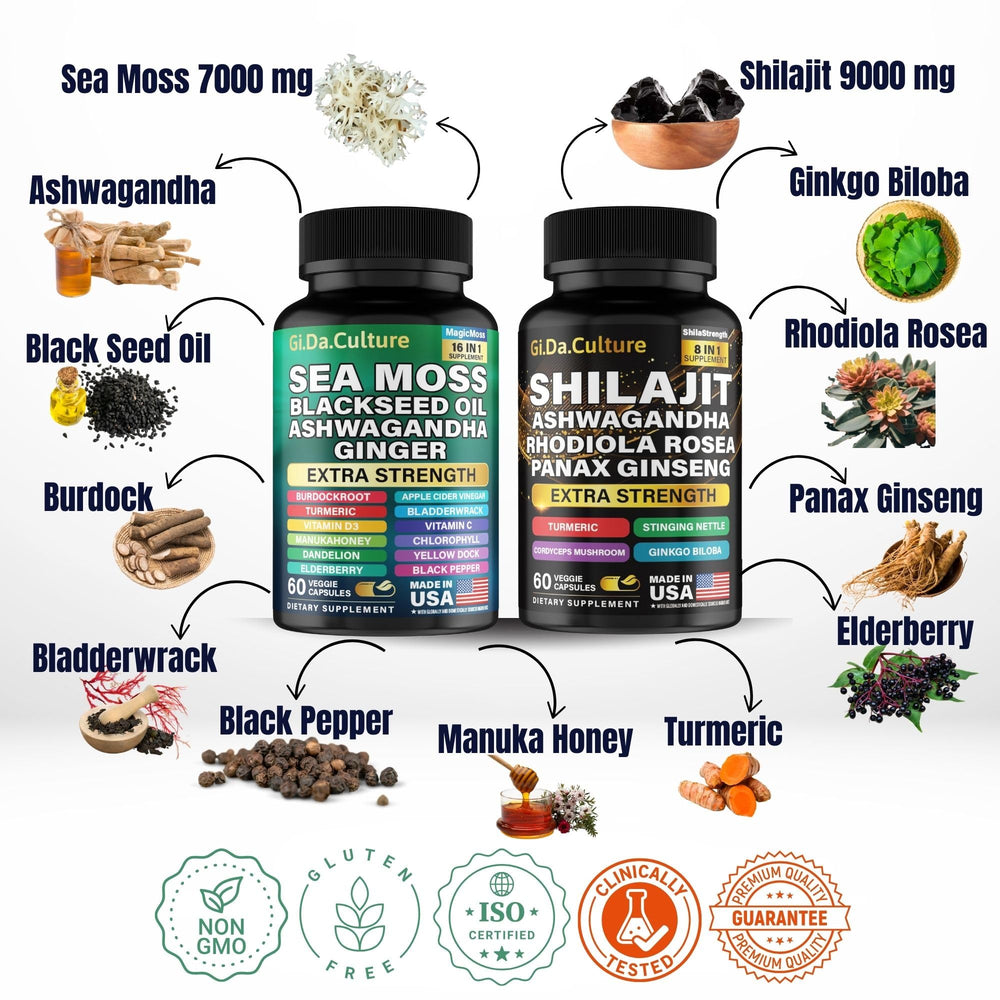 Gi.Da.Culture Shilajit capsules packaging highlights Himalayan resin and energy synergy.