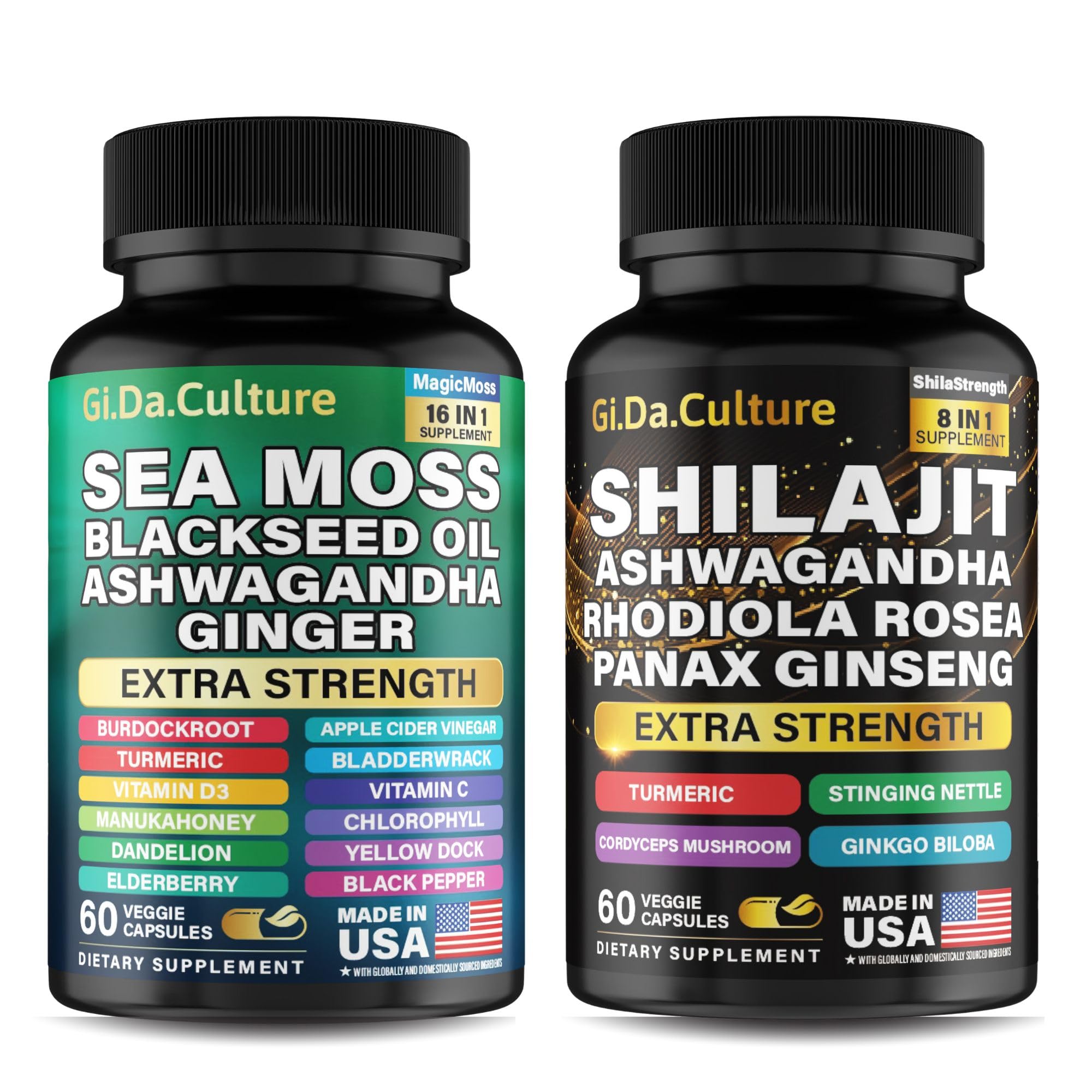 Gi.Da.Culture Shilajit Sea Moss bundle front bottle supports natural energy.
