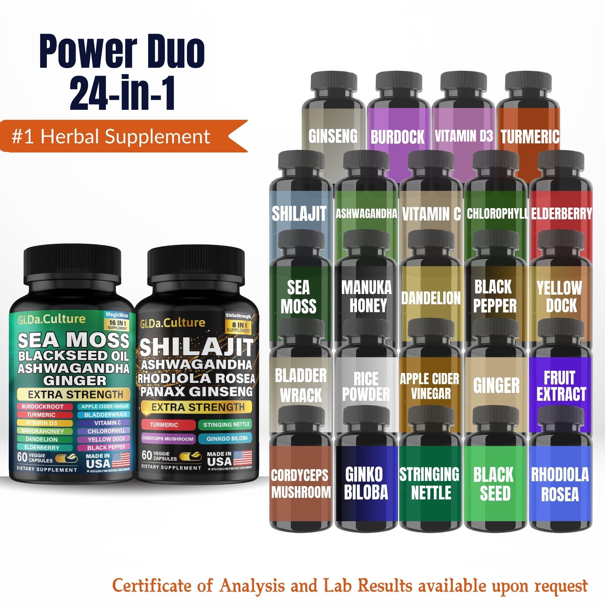 Gi.Da.Culture Shilajit Sea Moss bundle top view highlights dual bottle system for freshness.