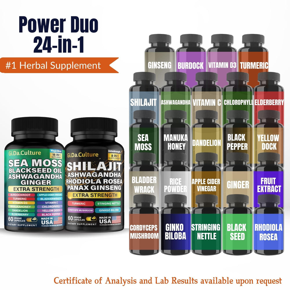 Gi.Da.Culture Shilajit Sea Moss bundle top view highlights dual bottle system for freshness.