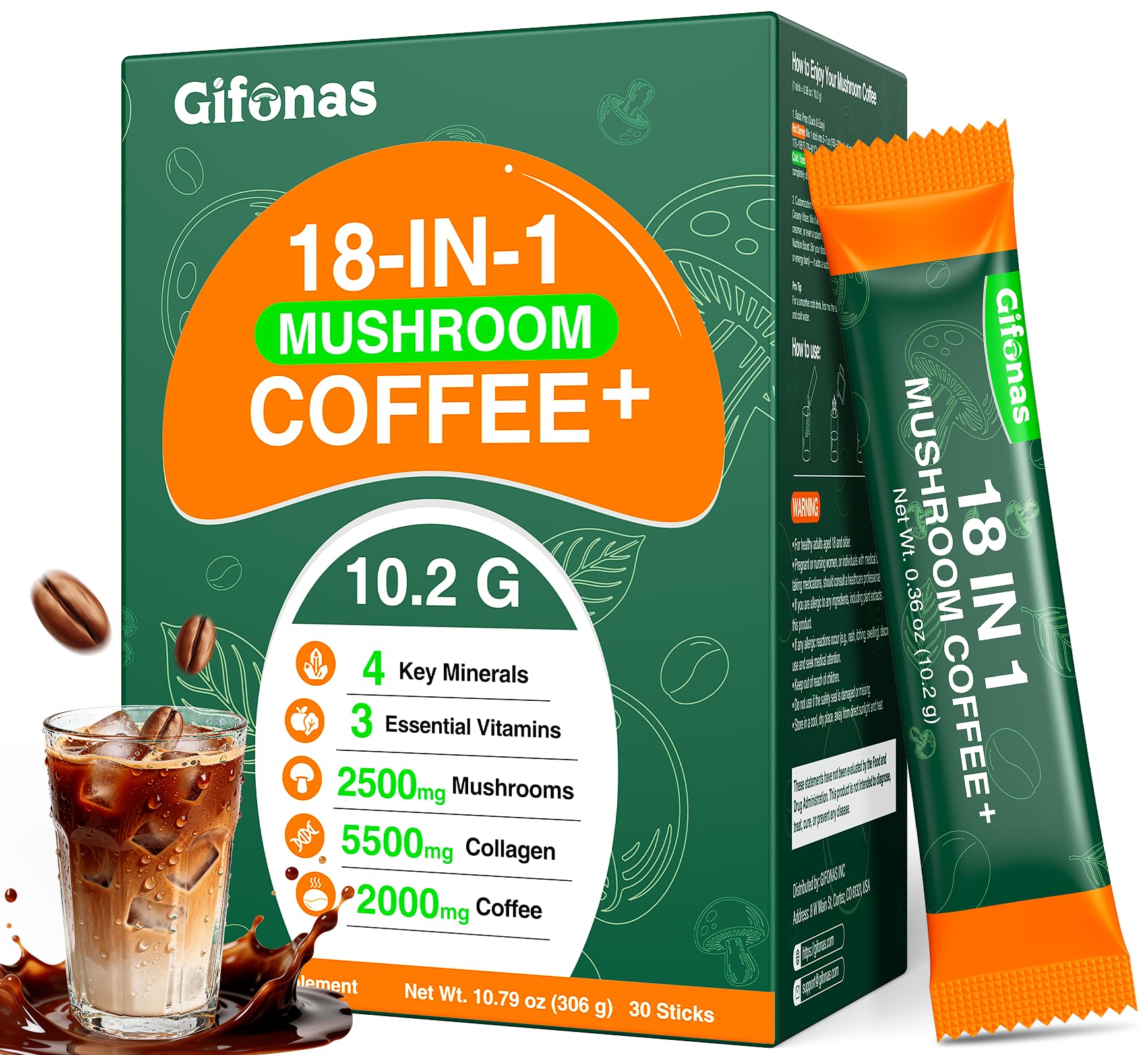 Gifonas Mushroom Coffee cup foreground with creamy froth and energy-boosting aroma