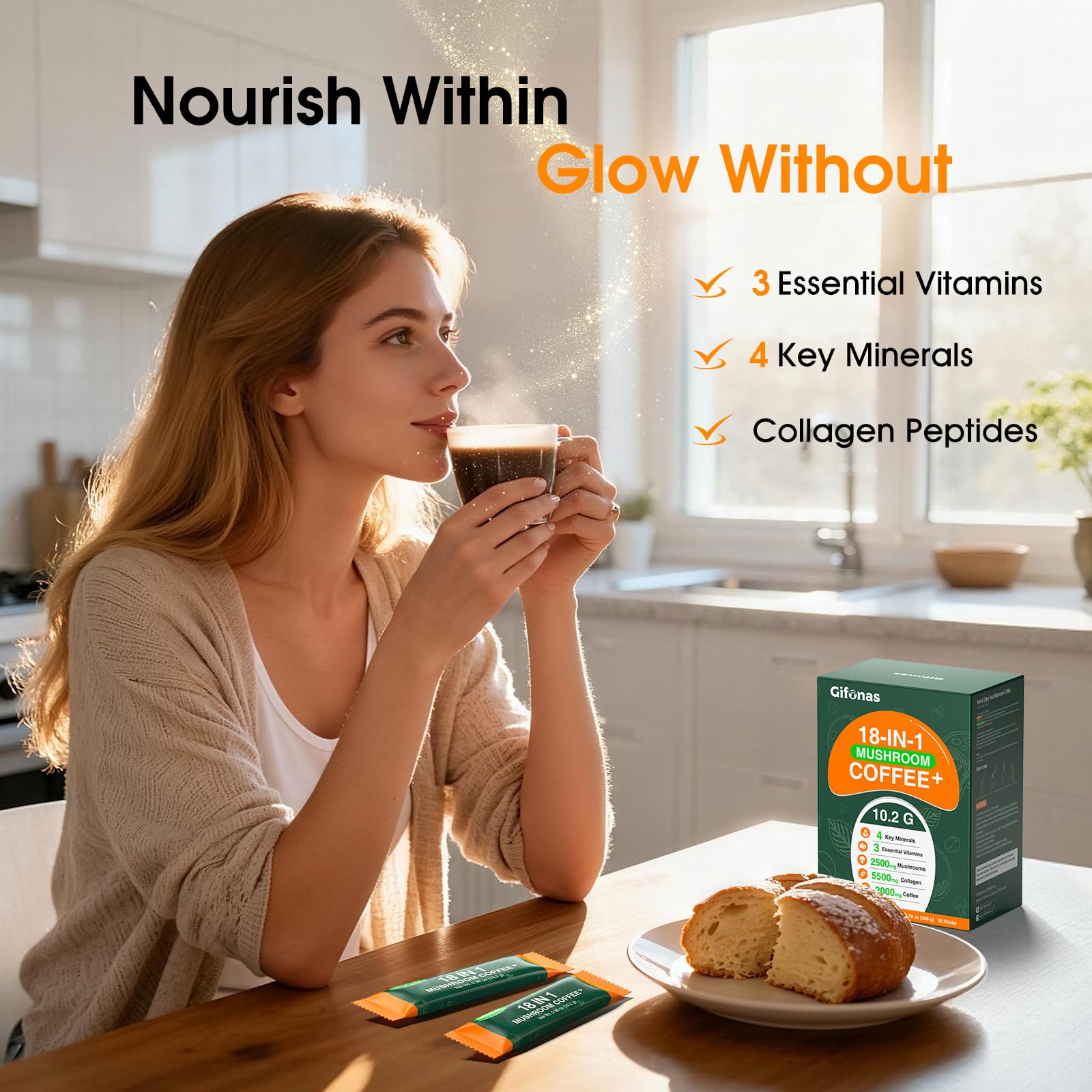 Gifonas Mushroom Coffee ingredients blend with six adaptogens and collagen