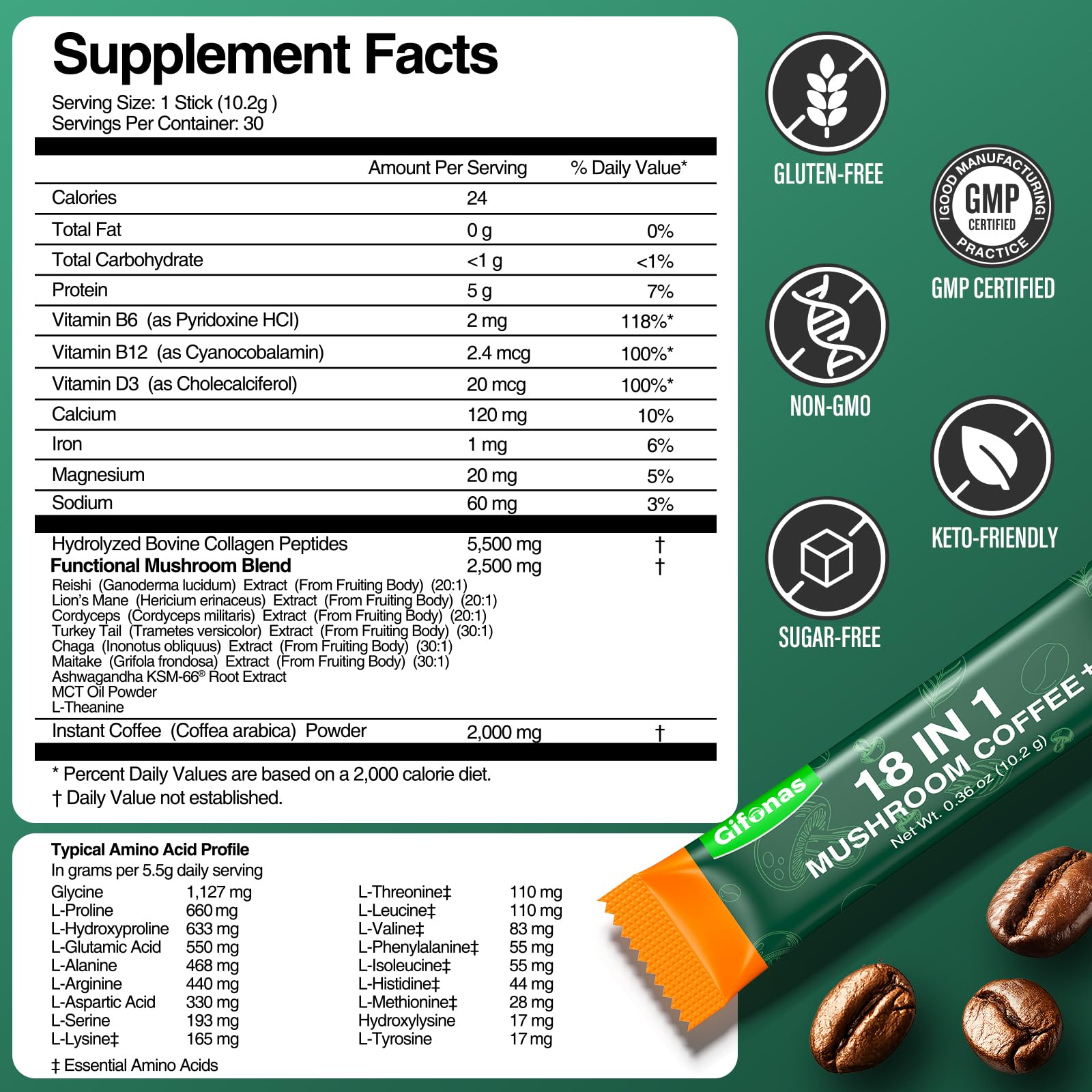 Gifonas Mushroom Coffee nutrition facts feature collagen and vitamins