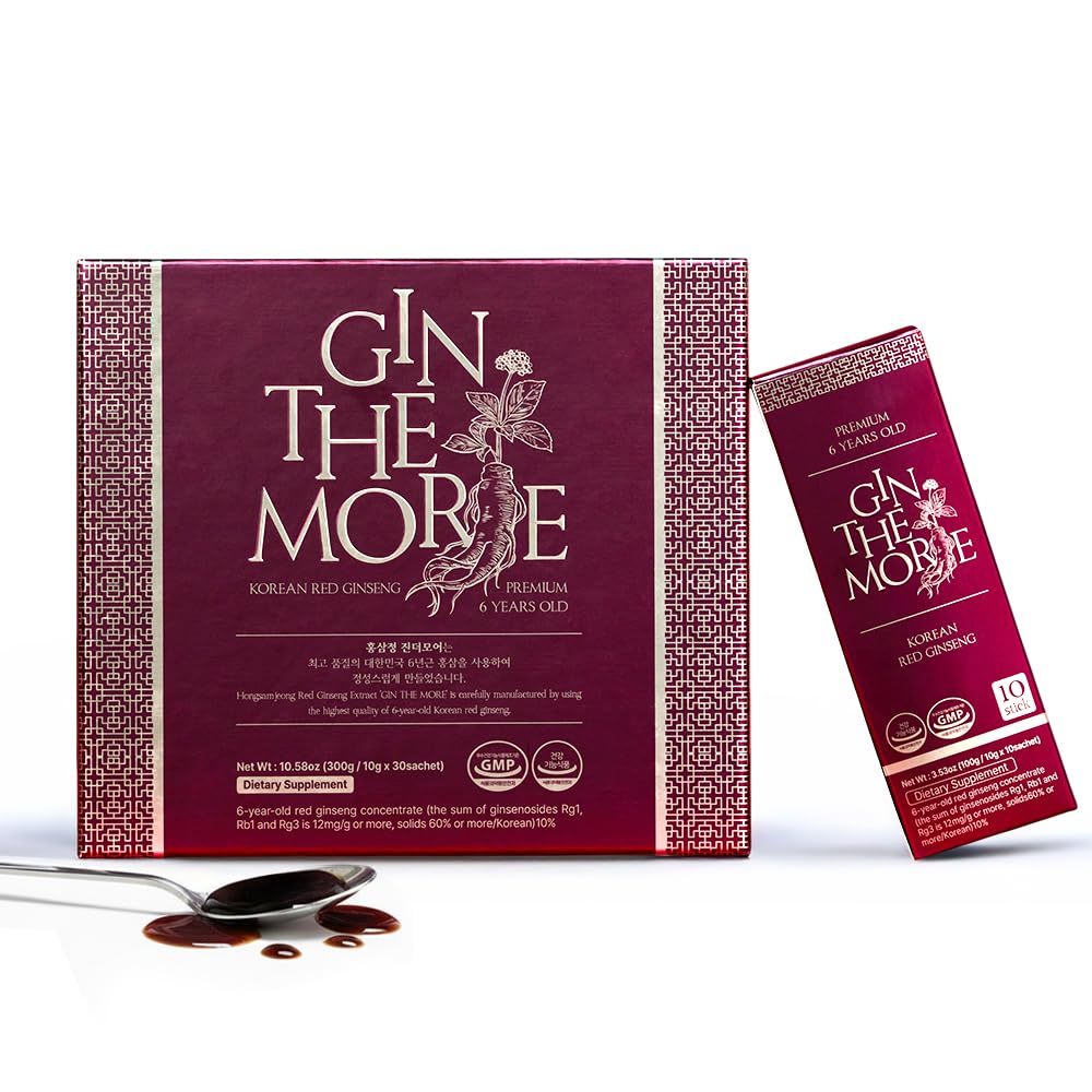 GIN THE MORE Korean red ginseng extract pack on table for daily energy support.