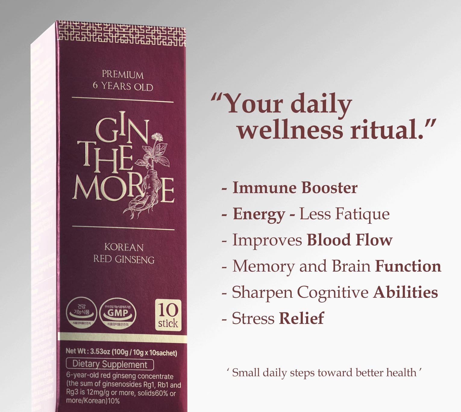 GIN THE MORE six-year roots ginseng bottle close-up highlighting premium quality.