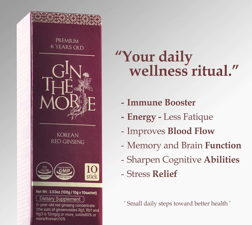GIN THE MORE six-year roots ginseng bottle close-up highlighting premium quality.