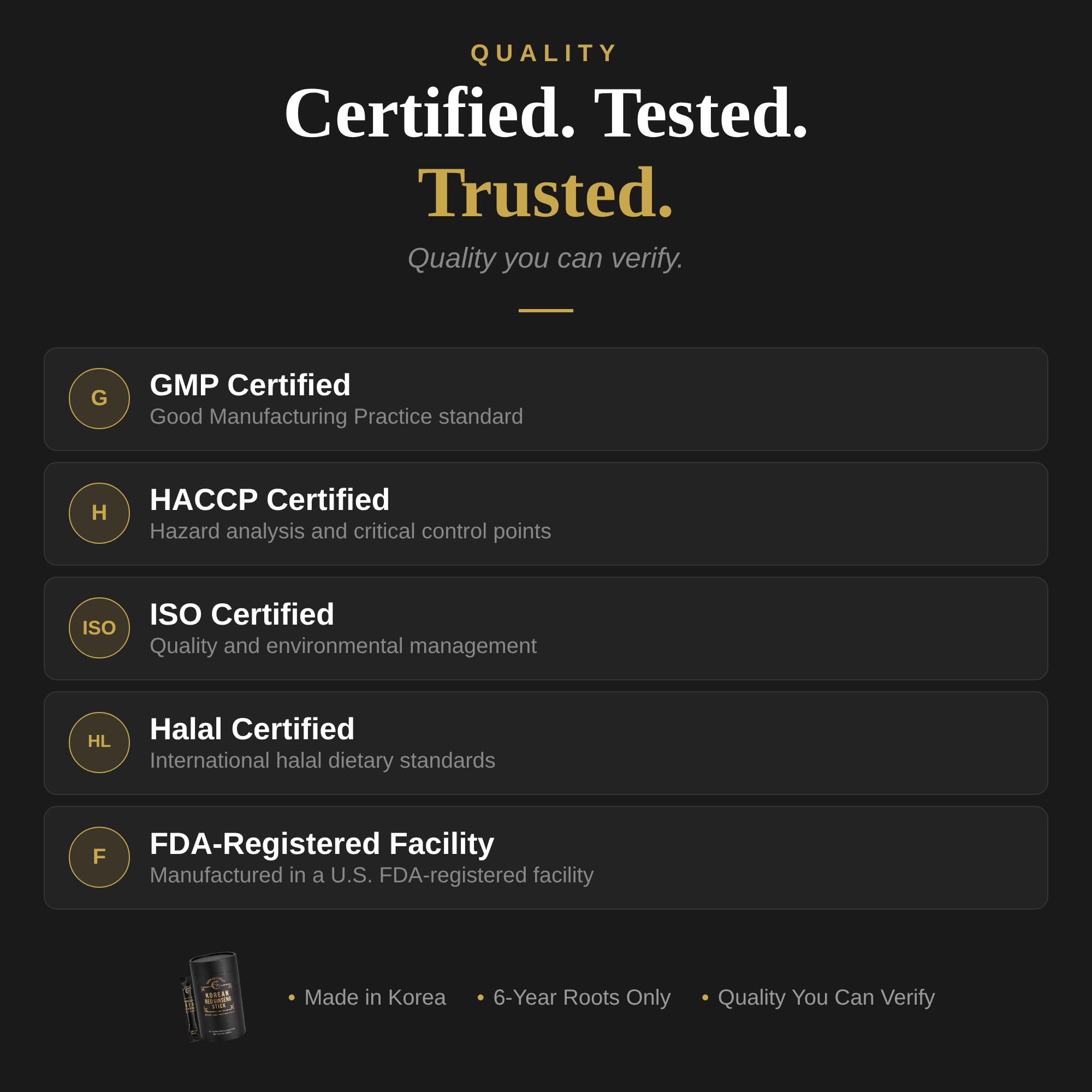 GINSEGOLD batch trace label underscores certified and traceable sourcing from Korean farms.