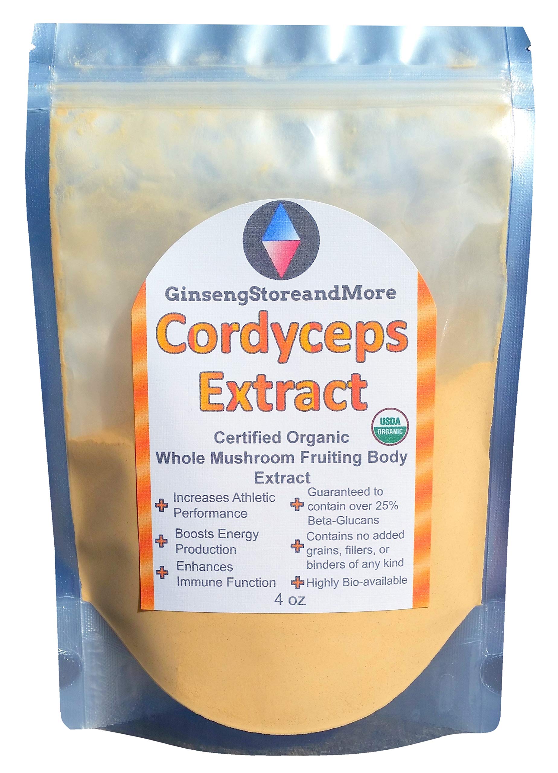 GinsengStoreAndMore Cordyceps Militaris bottle showing 4oz organic extract for energy support.