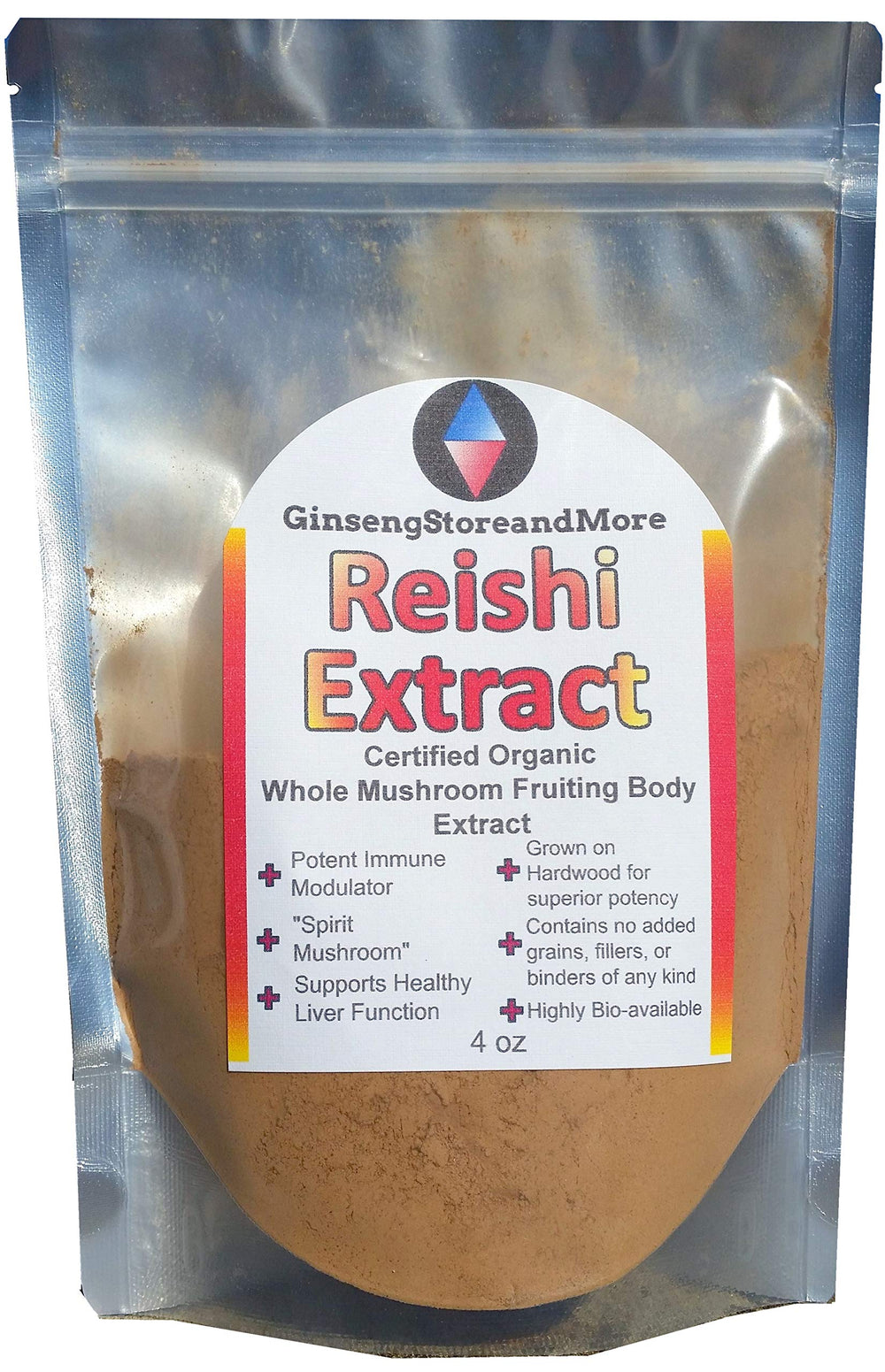 GinsengStoreAndMore red Reishi bottle with fruiting body extract for energy support.