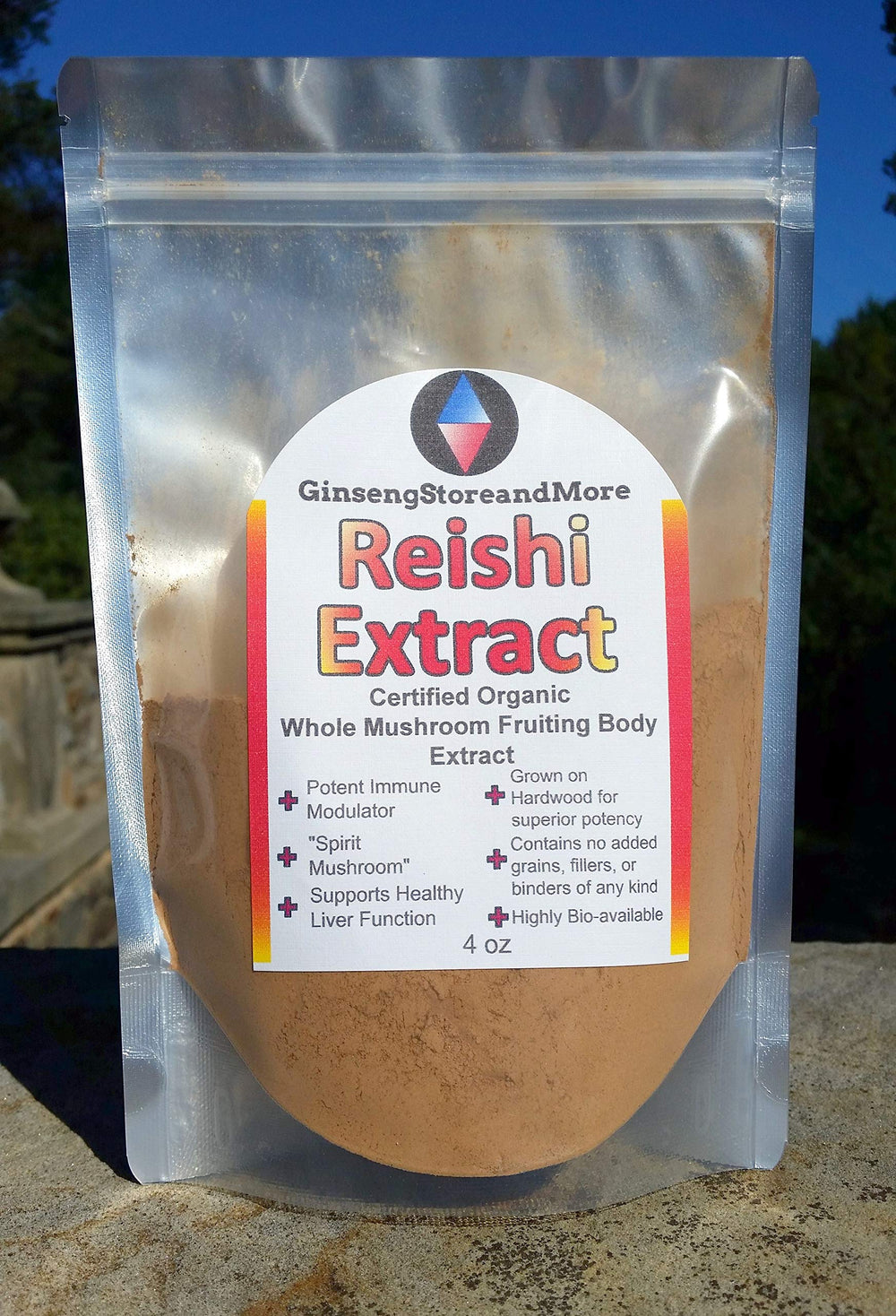 GinsengStoreAndMore organic Reishi packaging shows vegan, non-GMO, no fillers.