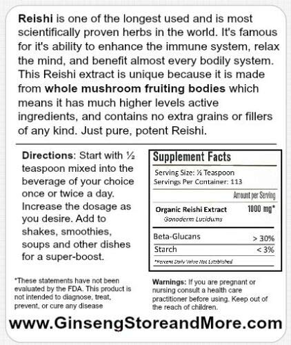 GinsengStoreAndMore red Reishi label close-up highlighting beta-glucans and immune support.