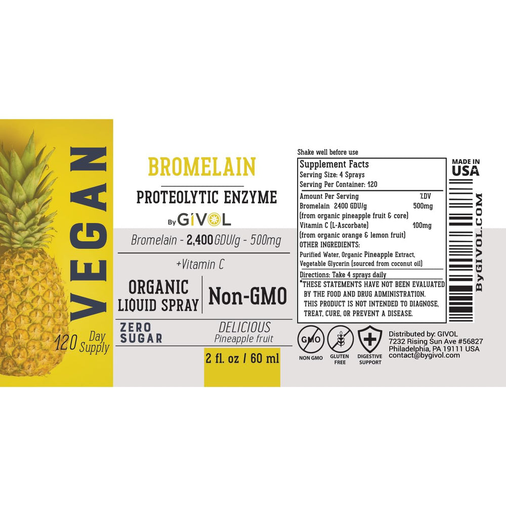 GIVOL bromelain ingredients list shown for transparency