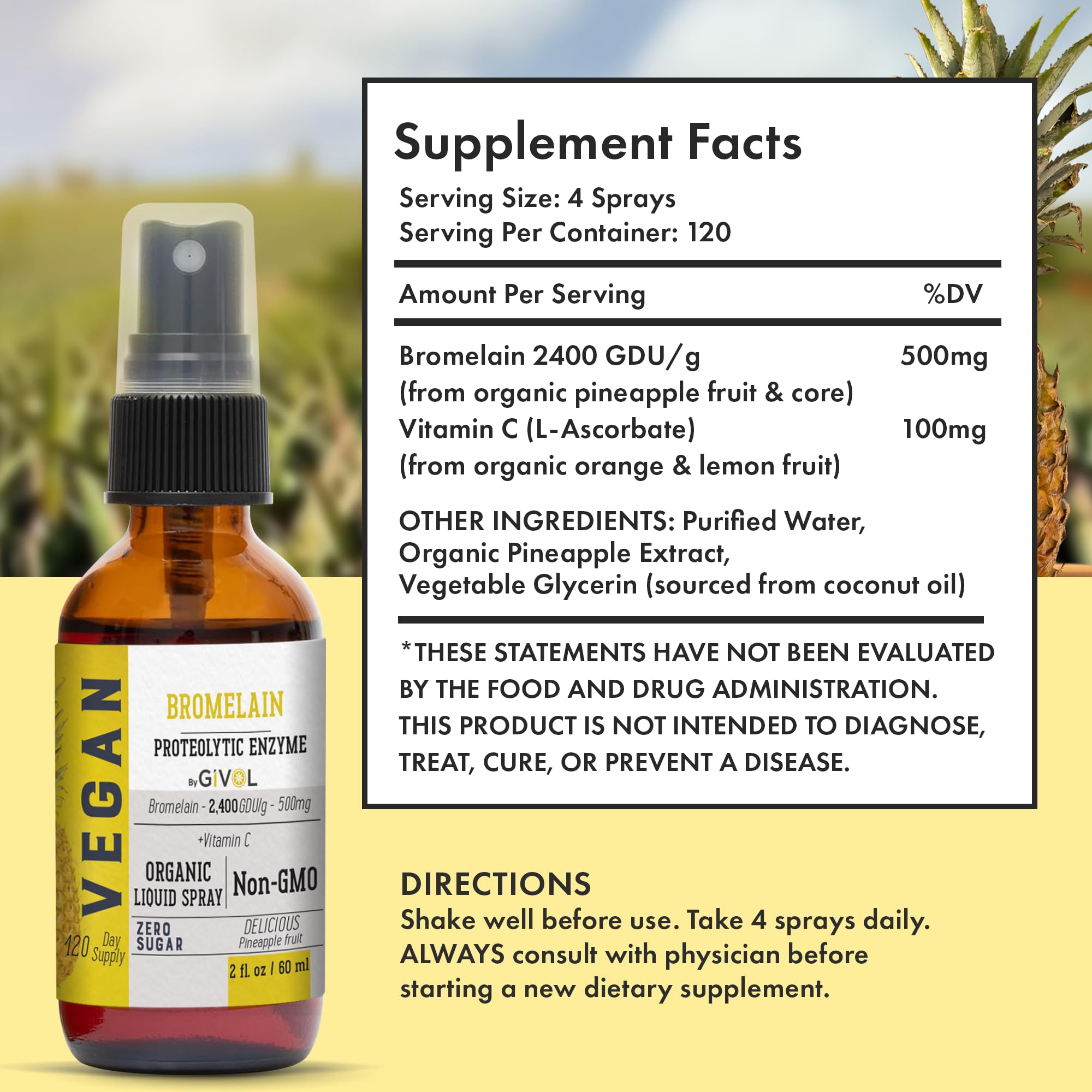 GIVOL bromelain pineapple extract label close-up showing clean ingredients
