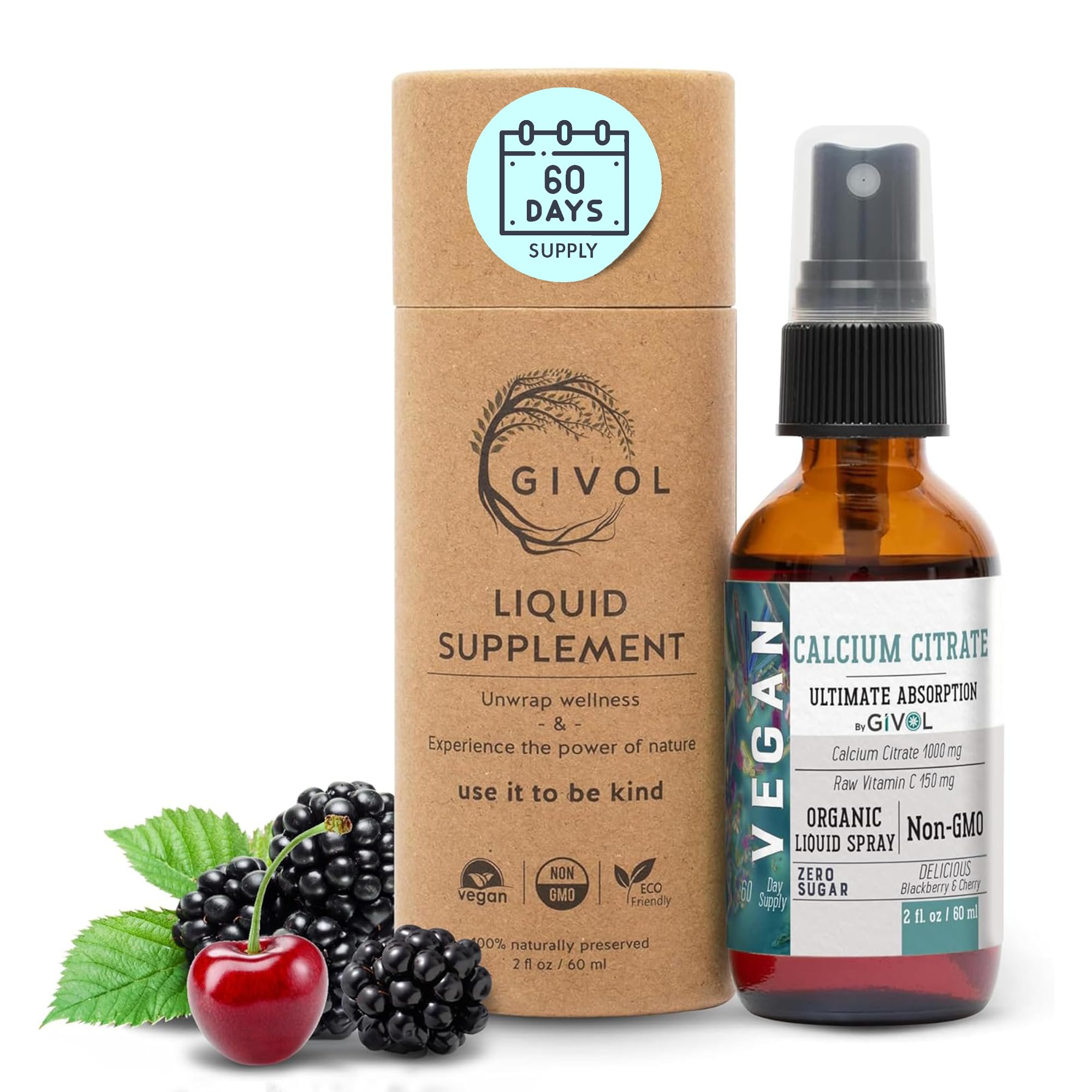 GIVOL liquid calcium citrate bottle with pour for easy daily dosing.