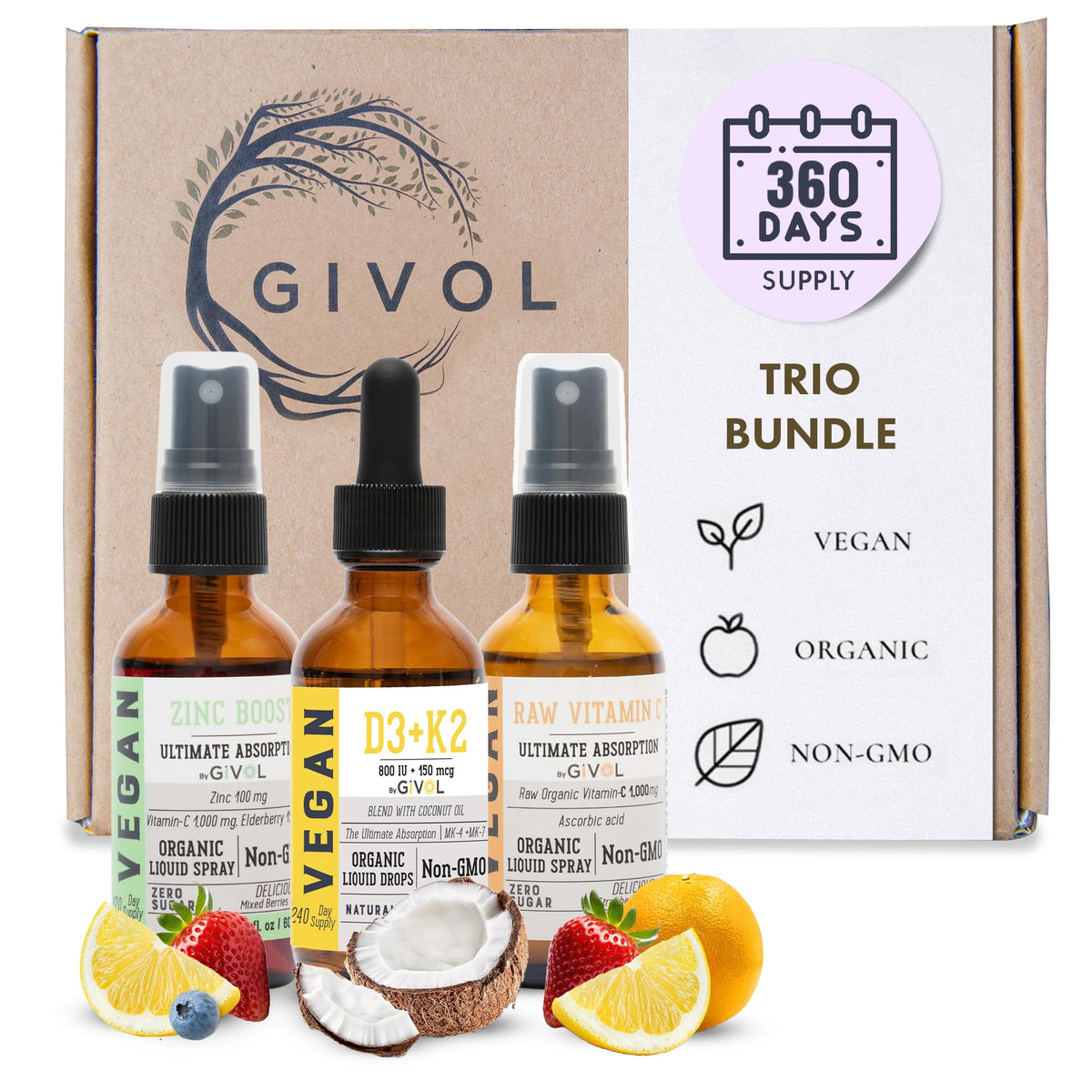 GIVOL Raw Vitamin C D3 K2 liquid bottle for daily wellness support.