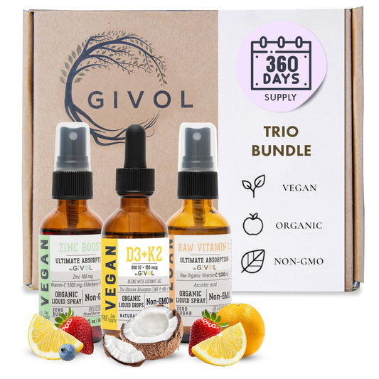 GIVOL Raw Vitamin C D3 K2 liquid bottle for daily wellness support.