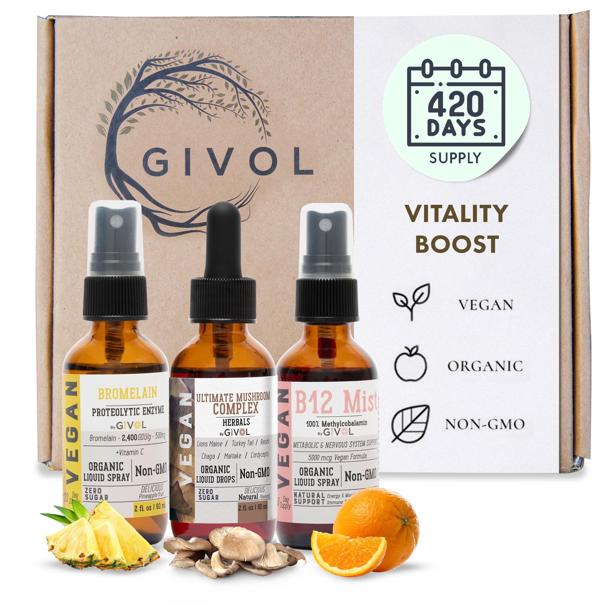 GIVOL Vitality Drops bottle with mushroom blend for steady energy.