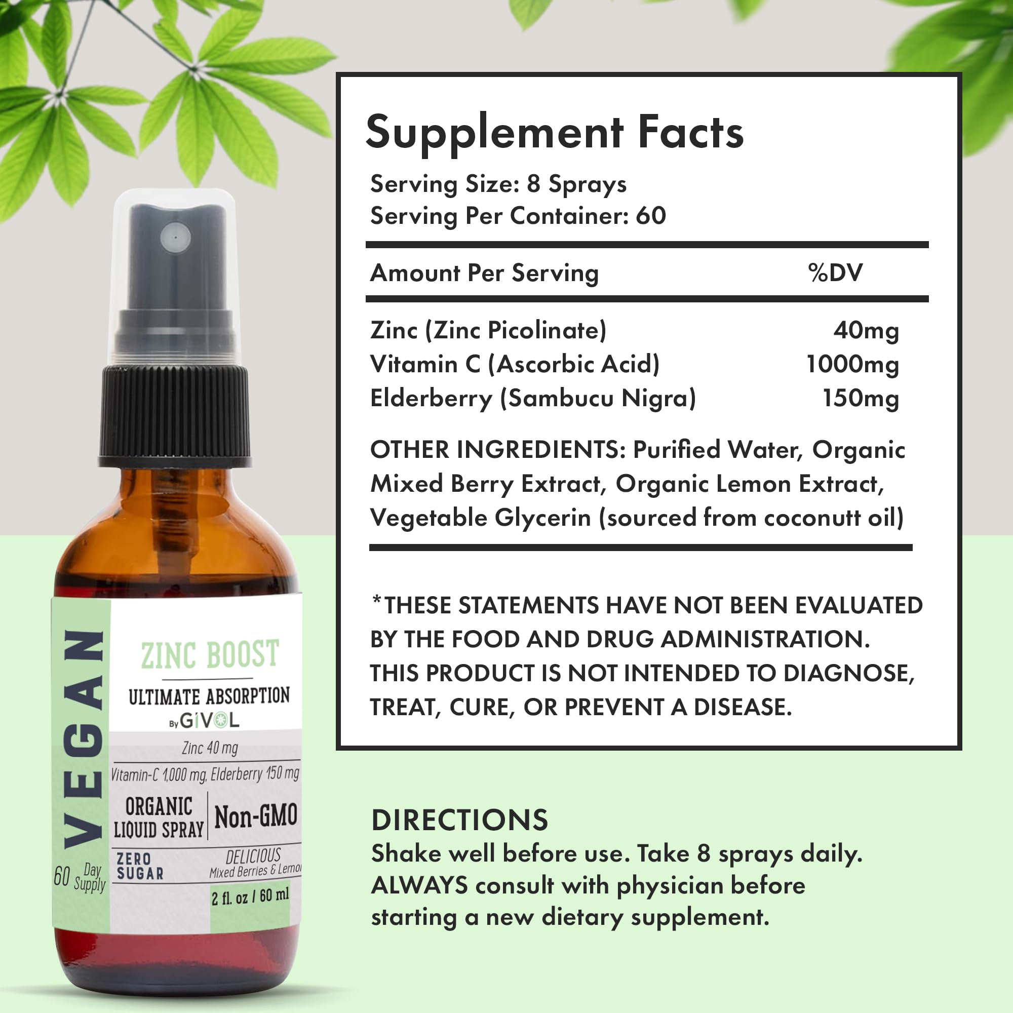 GIVOL Zinc Boost Mist label illustration highlights a sugar-free vegan formula