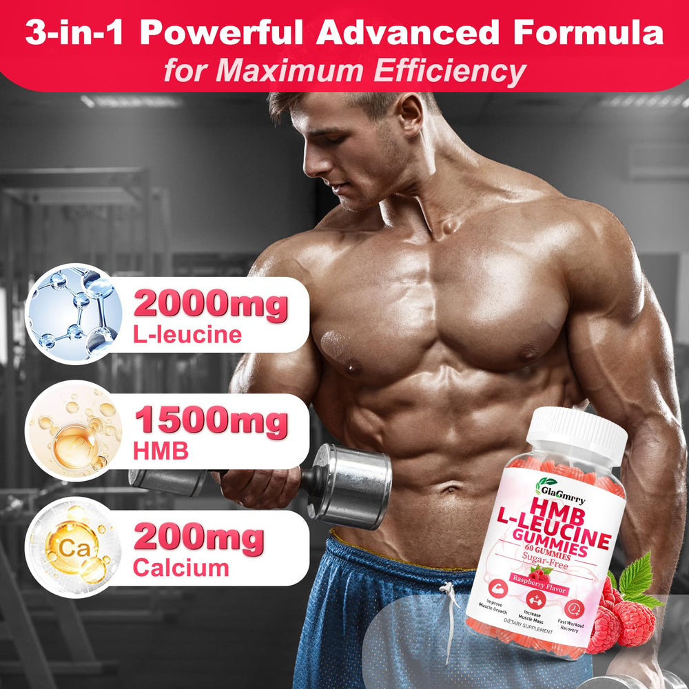 GlaGmrry label ingredients panel lists 2000mg leucine and 1500mg HMB per serving.
