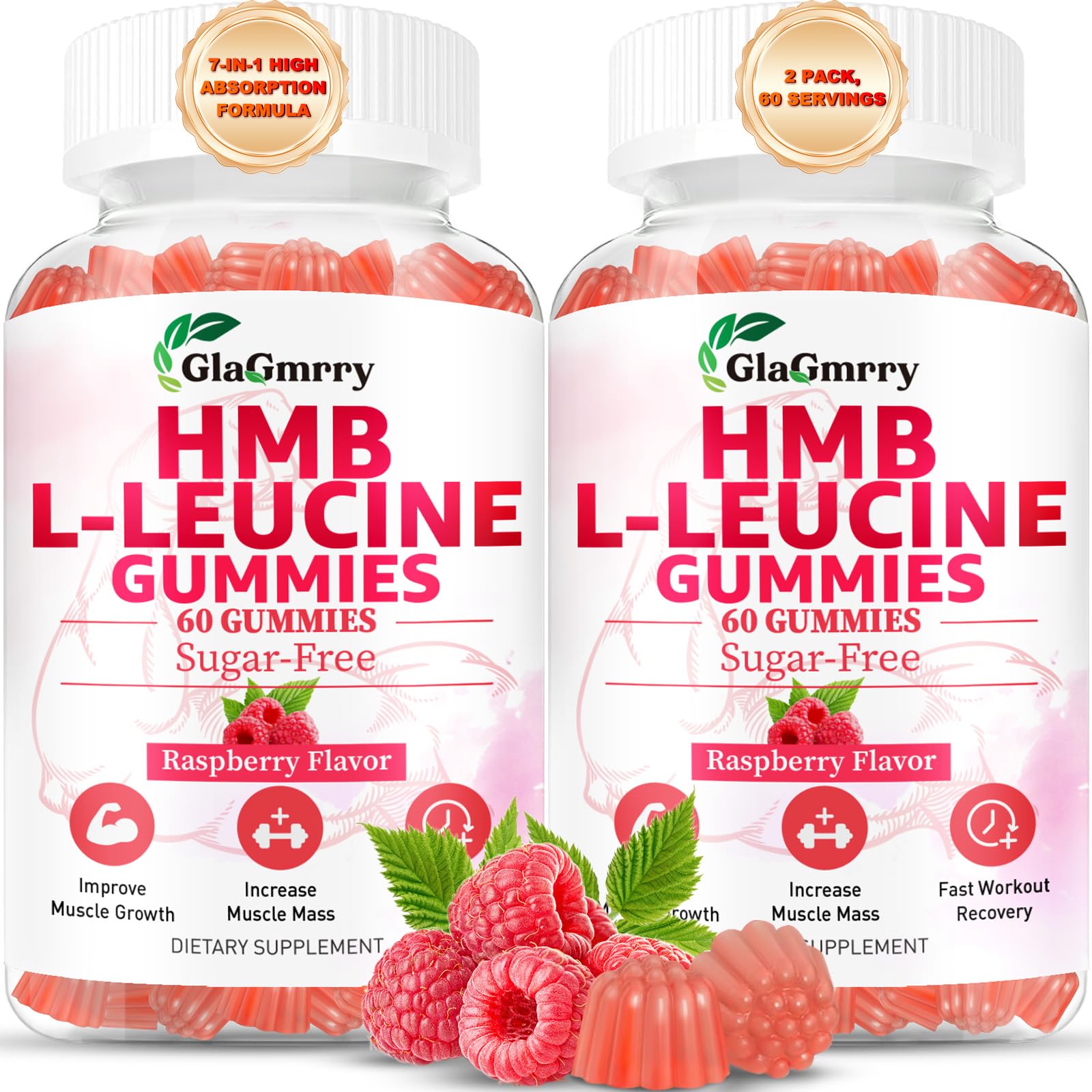 GlaGmrry HMB & Leucine gummies package front highlighting vegan, non-GMO formula.