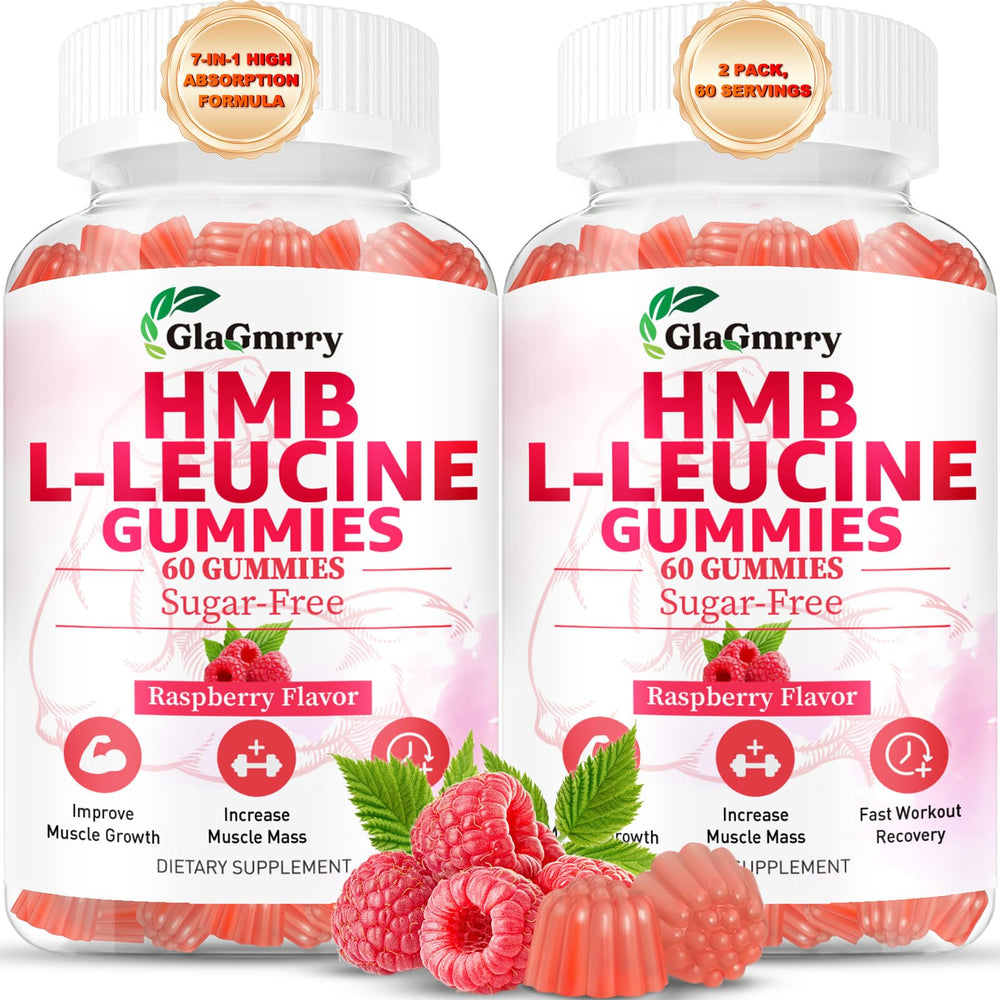 GlaGmrry HMB & Leucine gummies package front highlighting vegan, non-GMO formula.