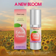 Glam Lady Estriol Cream box with accessories representing discreet at-home care.