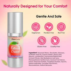 Glam Lady Estriol Cream on skin demonstrating quick absorption and smooth feel.