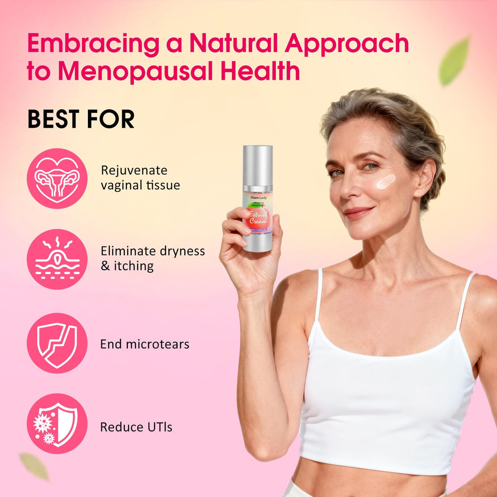 Glam Lady Estriol Cream packaging close-up showing simple daily routine.