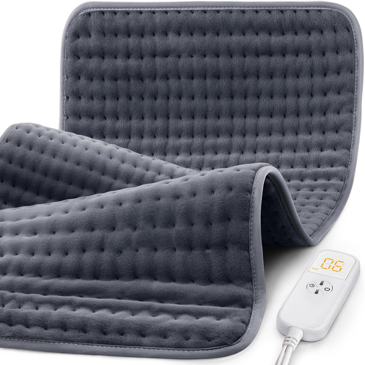 Glamigee extra-large heating pad on a couch providing full back warmth.