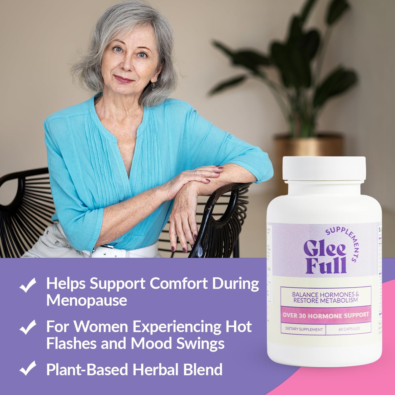 GLEEFULL SUPPS GleeFull Over 30 bottle back with dosage guidance.