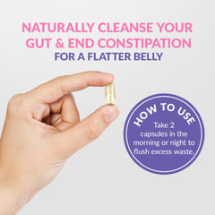 GLEEFULL SUPPS Meno Belly Flusher capsules close-up shows probiotic blend for gut balance