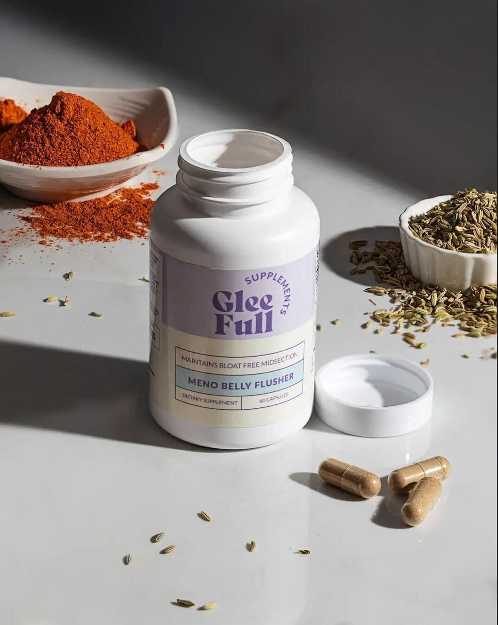 GLEEFULL SUPPS Meno Belly Flusher dose-scoop demonstrates easy daily probiotic measurement
