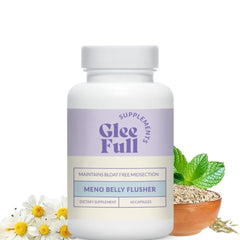 GLEEFULL SUPPS Meno Belly Flusher label packaging highlights soy-free, dairy-free, non-GMO formula