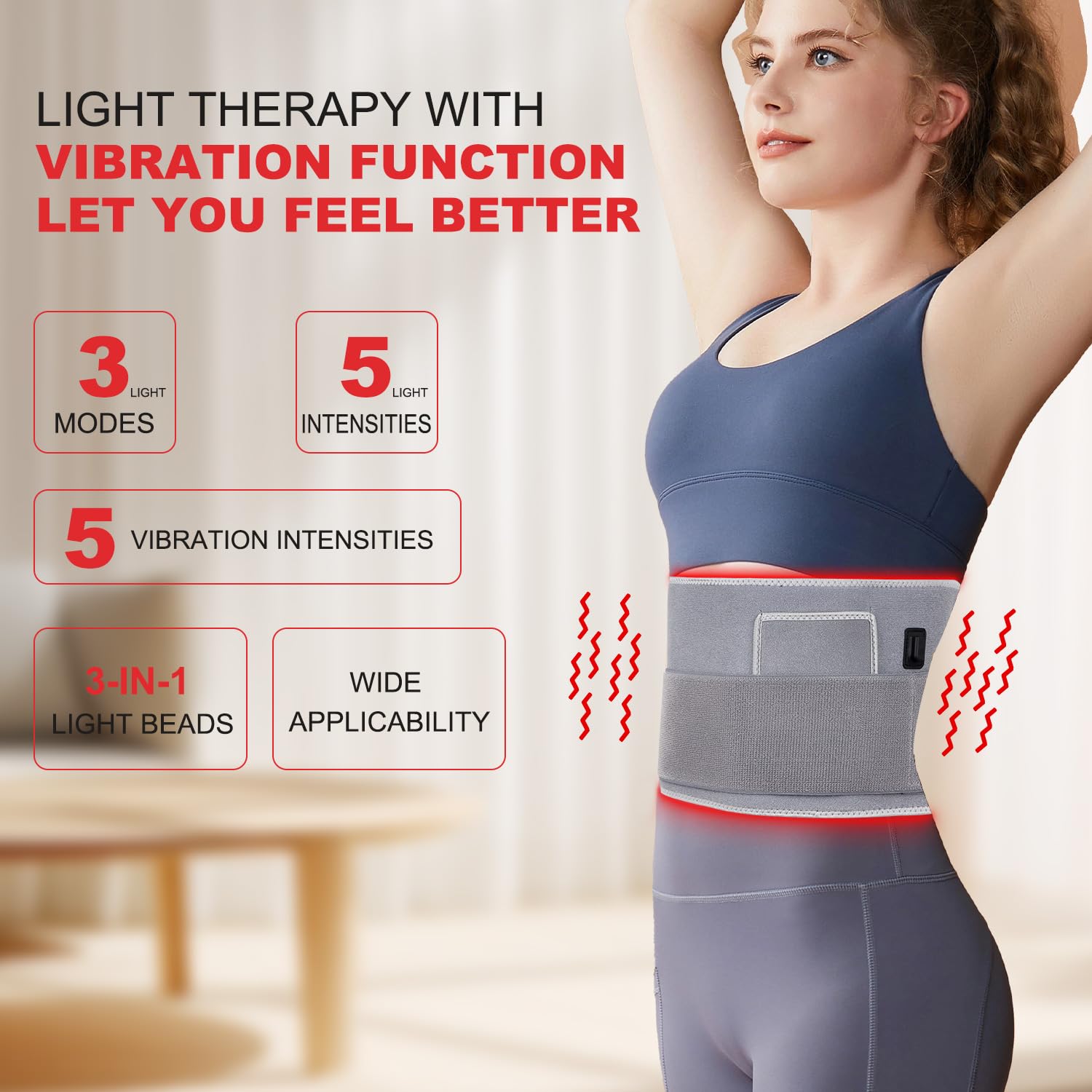 GLOHFAN red-light therapy belt on back demonstrates portable relief option.