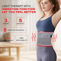 GLOHFAN red-light therapy belt on back demonstrates portable relief option.