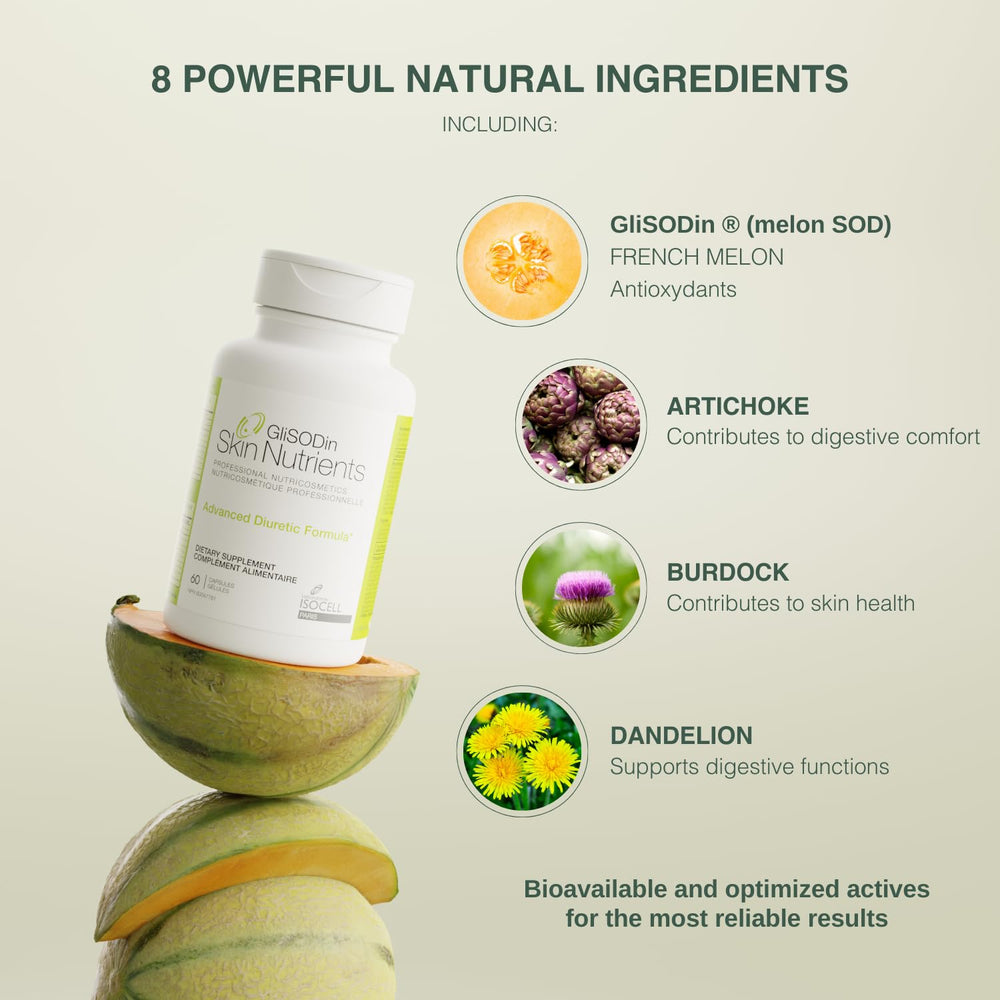 GliSODin Diuretic capsules closeup highlighting natural ingredients