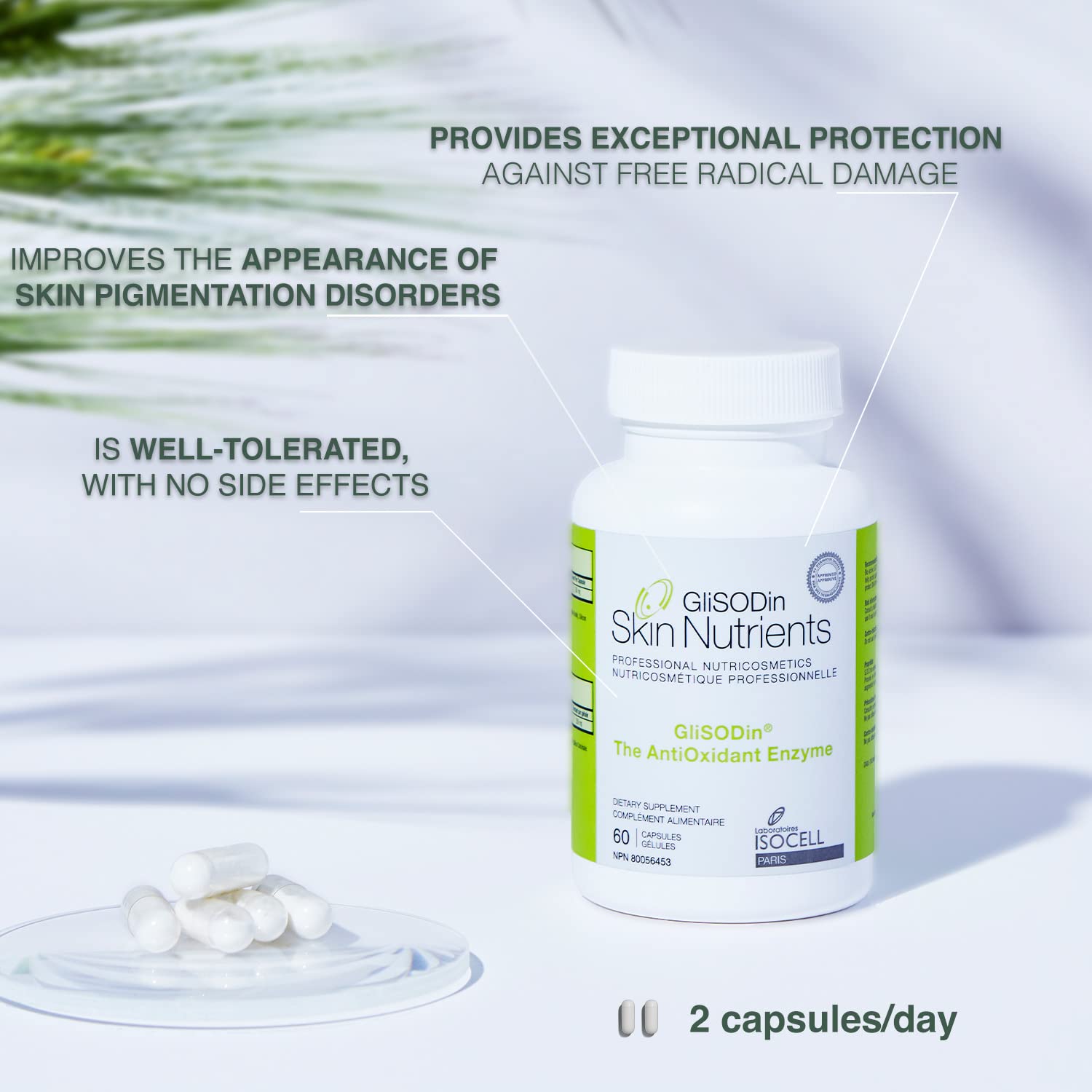 GliSODin Skin Nutrients capsules close-up highlighting vegetarian friendly antioxidant capsules for skin wellness