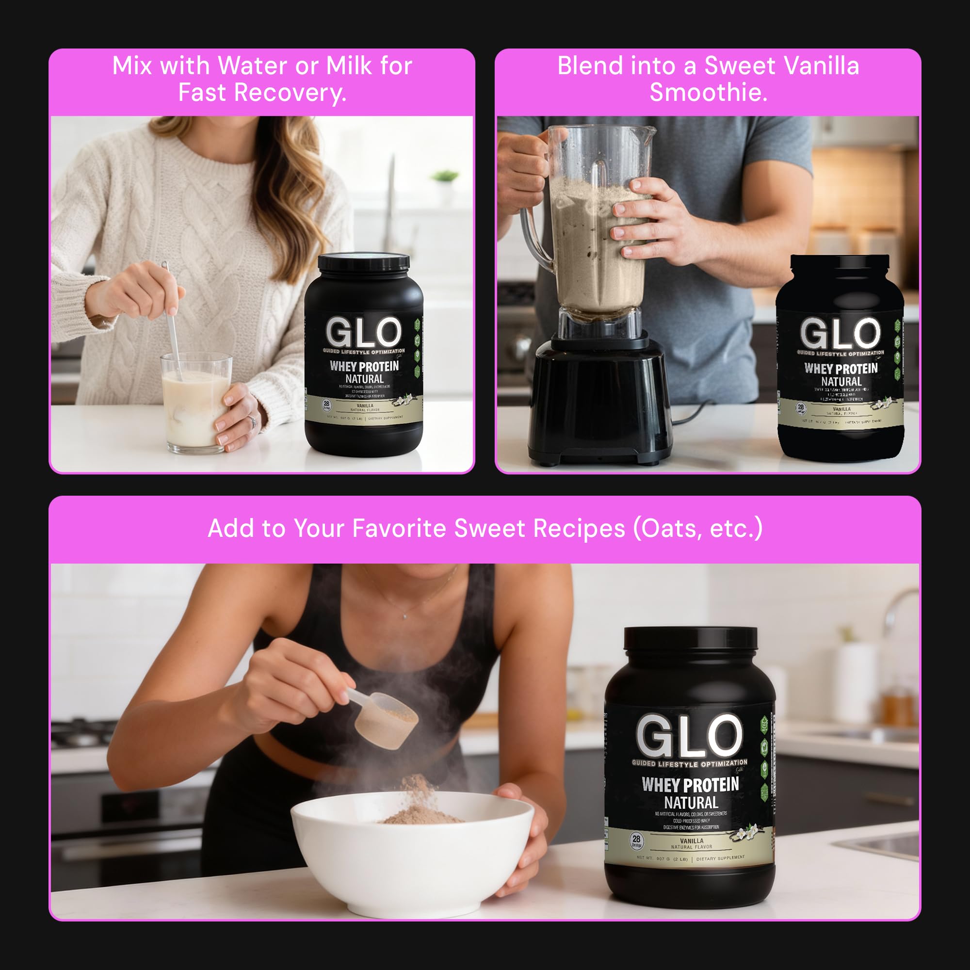 GLO cold-filtered whey provides essential amino acids and bioactives.