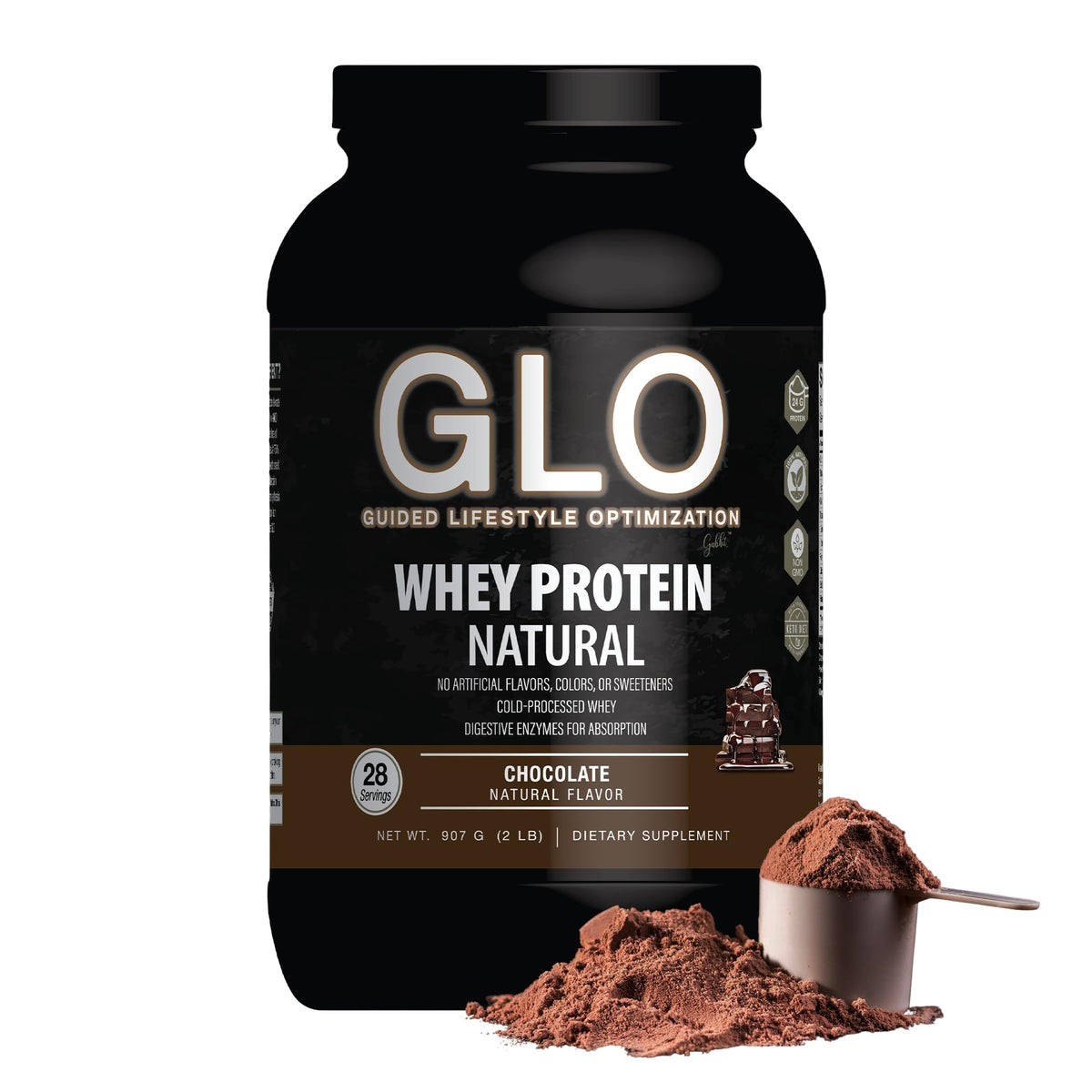 GLO cold-processed whey chocolate powder tub shows purity and amino acid richness for recovery