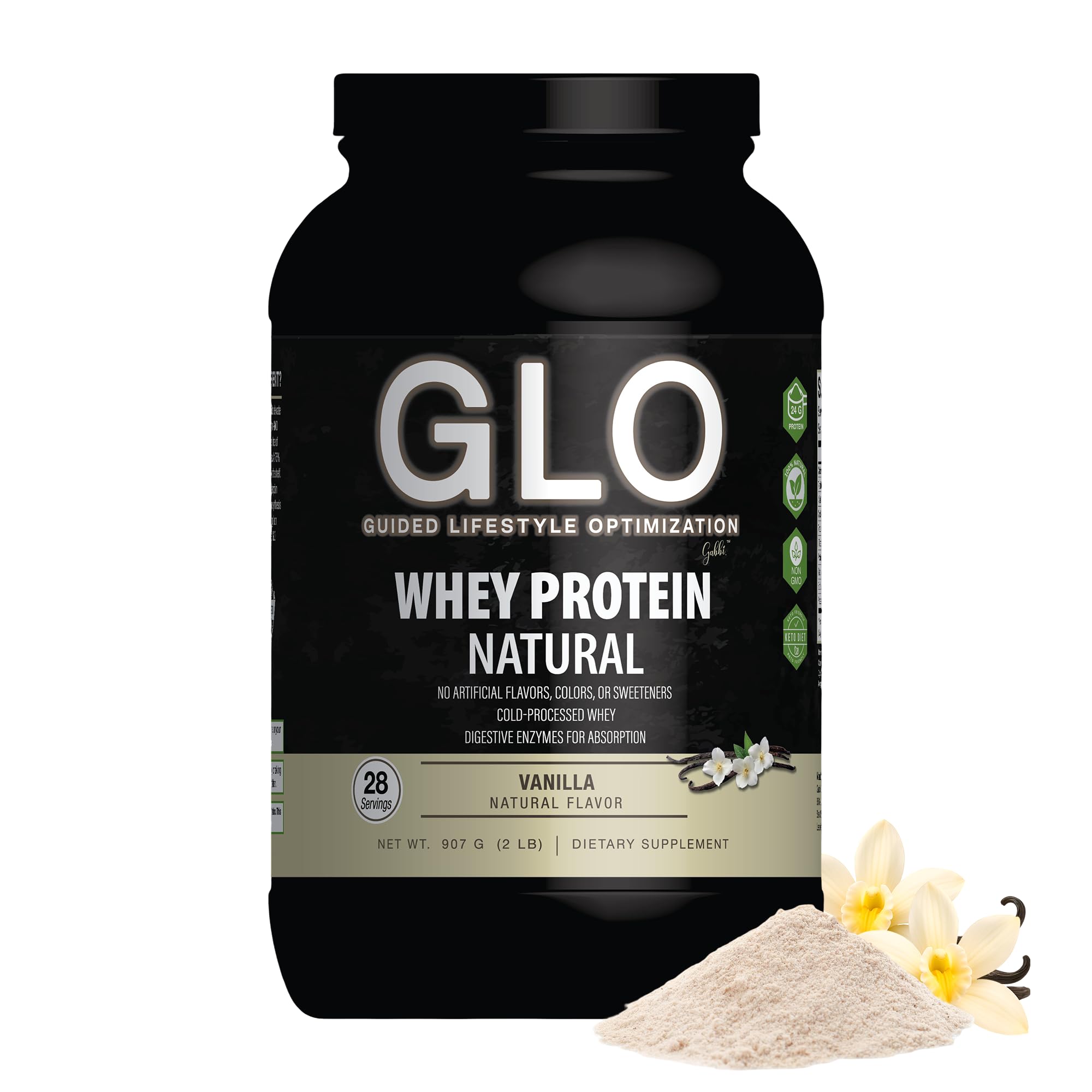 GLO cold-processed whey vanilla bottle offers pure protein for quick absorption.