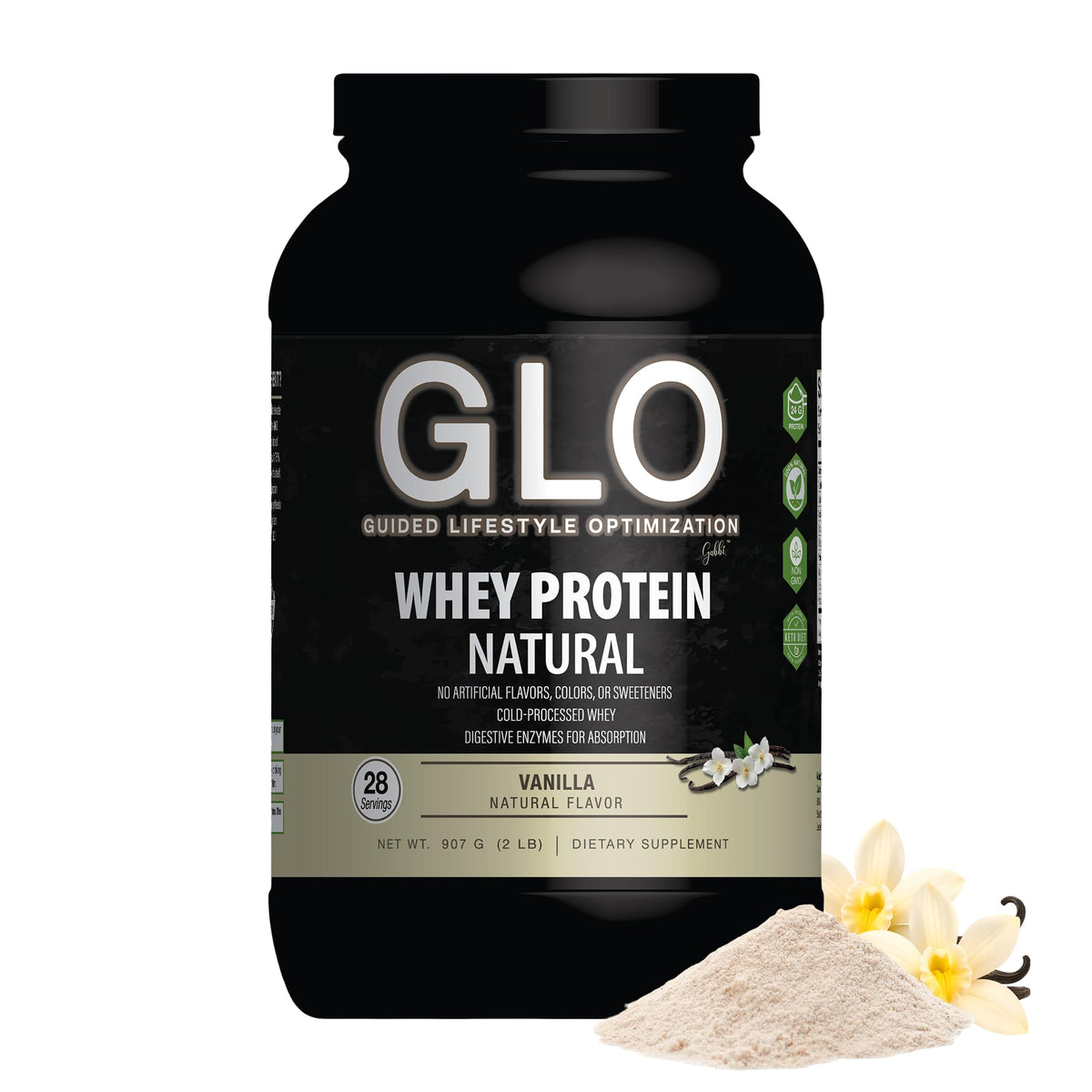GLO cold-processed whey vanilla bottle offers pure protein for quick absorption.