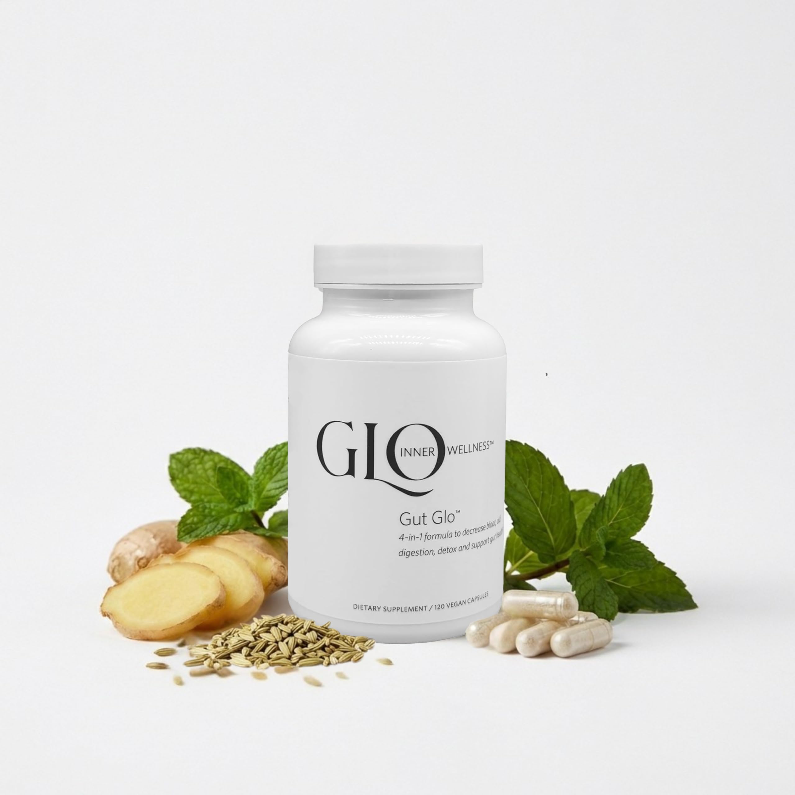 GLO Inner Wellness Gut Glo bottle and label signaling daily gut support.