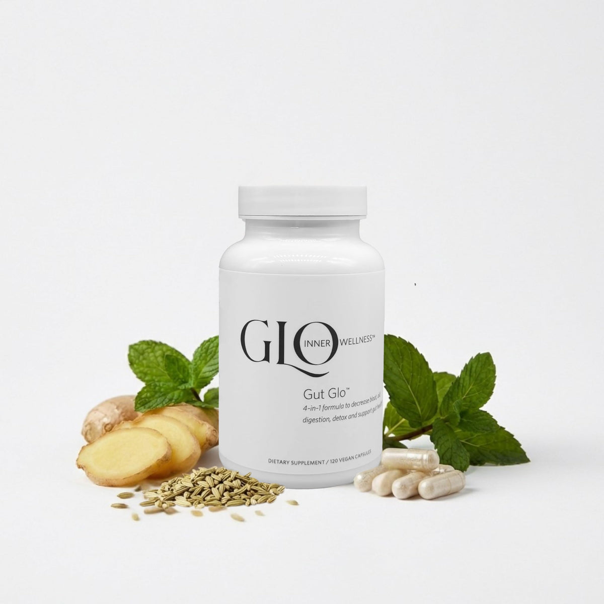 GLO Inner Wellness Gut Glo bottle and label signaling daily gut support.