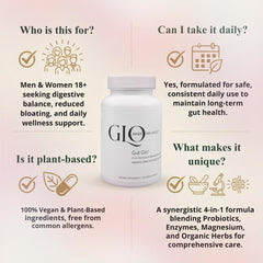 Organic herbs imagery beside Gut Glo capsules for natural support.