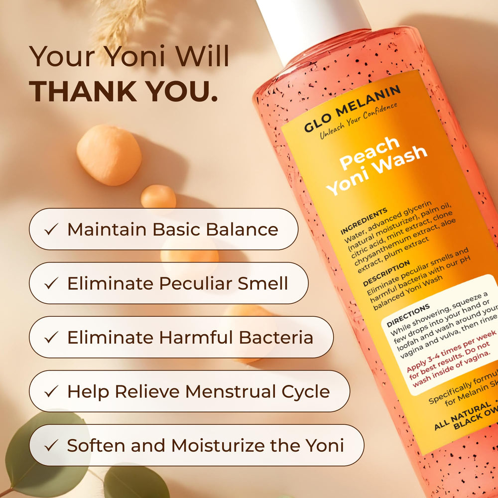 Glo Melanin Peach Yoni Wash aloe vera plant highlights soothing hydration