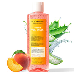 Glo Melanin Peach Yoni Wash bottle top view for daily gentle cleansing